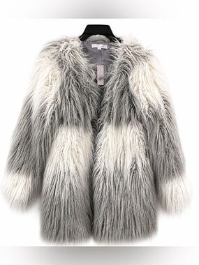 New York & Company NWT Gray White Faux Fur Coat Jacket Womens Medium